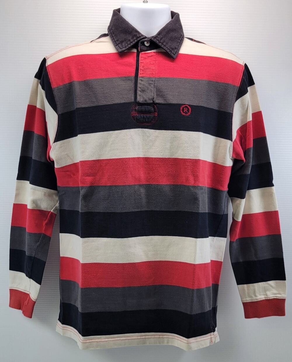D) Vintage Bennet Classic Rugby Men Long Sleeve Striped Polo Shirt Medium